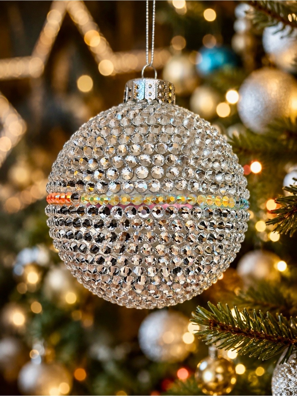 Rhinestone Bedazzled Holiday Ornament - Sparkling Silver with color accents